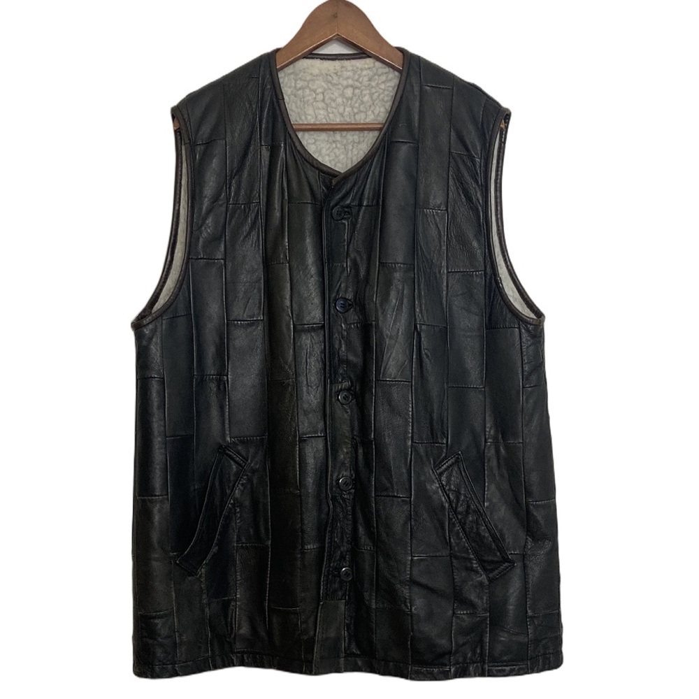 Leather Vest Mens XL Black Brown Fleece Lined Retro Streetwear Rocker 80s 90s
